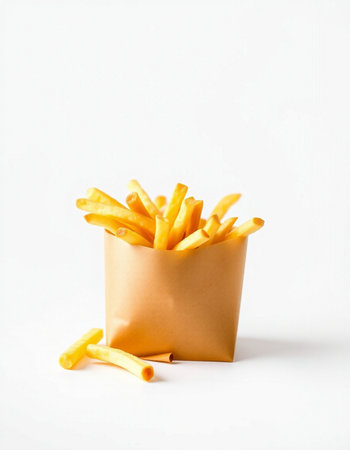 French fries in paper box on white background. Selective focus.の写真素材