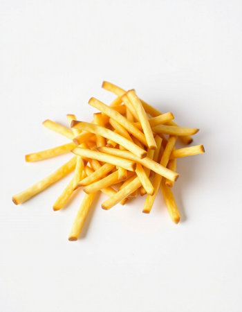 Golden French fries on white background. Selective focus, shallow depth of field.