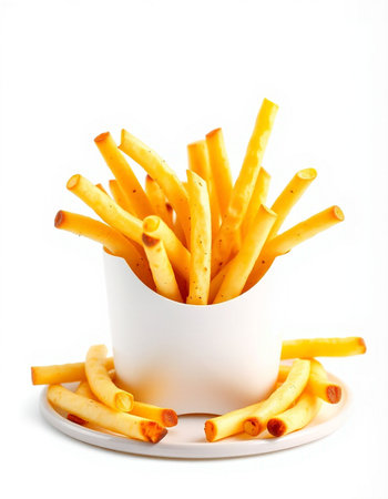 French fries in a white bowl on a white background. Close-up.