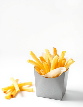French fries in paper box isolated on white background. Selective focus.の写真素材