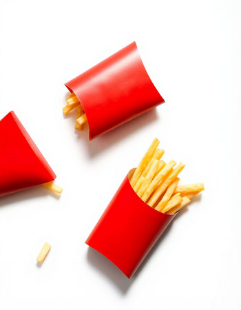 French fries in a red box on a white background, top view