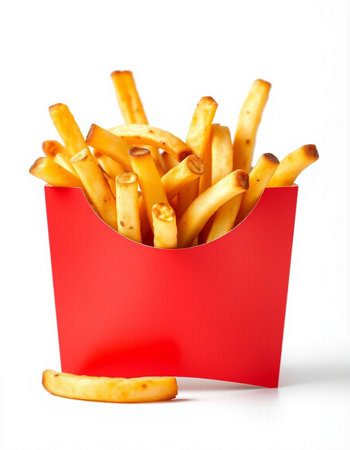 French fries in a red box on a white background. Isolated