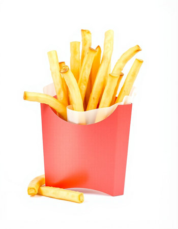 French fries in a red box on a white background. Isolated