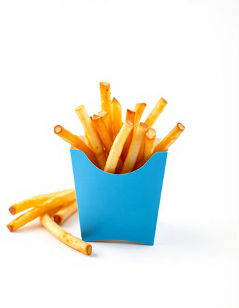 French fries in a blue box on a white background. Isolated