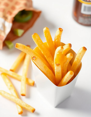 French fries in paper box on white table, closeup. Fast food