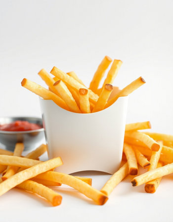 French fries with ketchup on white background. Selective focus.