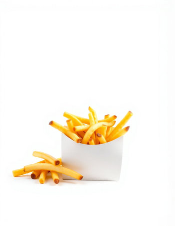 French fries in paper box isolated on white background. Selective focus.の写真素材