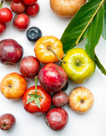 variety of fresh fruits on a white background, close-up