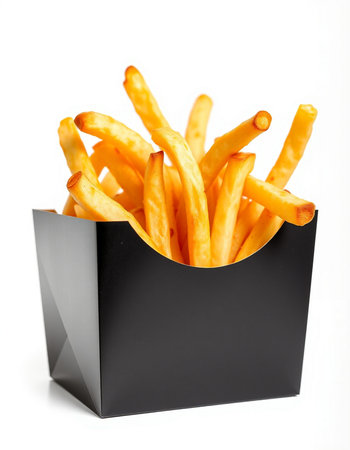 French fries in a black box isolated on white background. Fast food.の写真素材