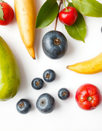 Fruits and berries on white background. Flat lay, top viewの写真素材