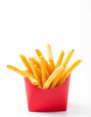 French fries in a red box on a white background. Isolatedの写真素材