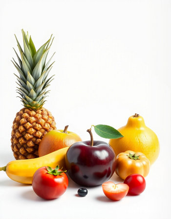 Fresh fruits and vegetables isolated on white background. Healthy food concept.の写真素材