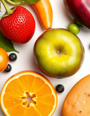 Fruits and vegetables isolated on white background. Top view. Flat lay.の写真素材