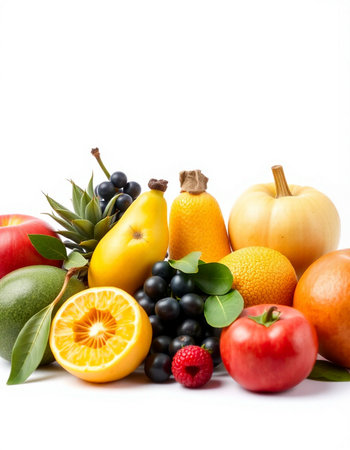 Fruits and vegetables isolated on white background. Healthy food concept.の写真素材