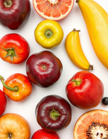 Fruits and vegetables isolated on white background. Flat lay, top view