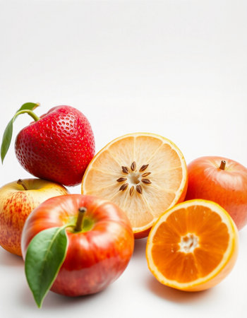 Fresh fruits on a white background. Shallow depth of field.の写真素材