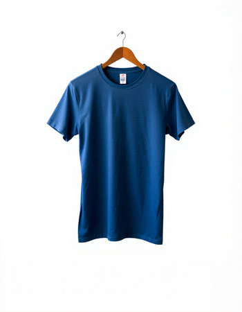 Blue t-shirt on a hanger isolated on white background.の写真素材