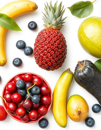 Fruits and berries isolated on white background. Flat lay, top view