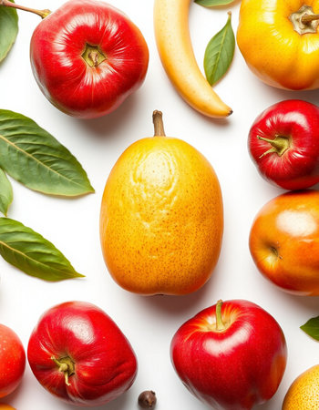 Composition with ripe fruits on white background, top view. Healthy foodの写真素材