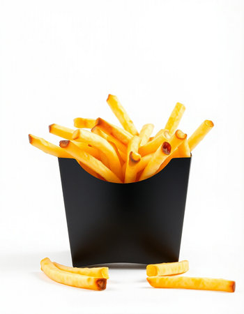 French fries in a black box on a white background. Isolatedの写真素材