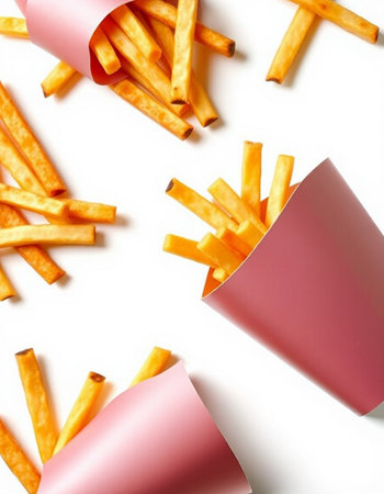 French fries in paper cups on a white background. Top view.の写真素材