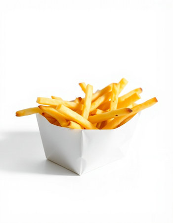 French fries in a paper box on a white background. Selective focus.