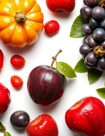 Autumn fruits and vegetables on a white background. Top view.
