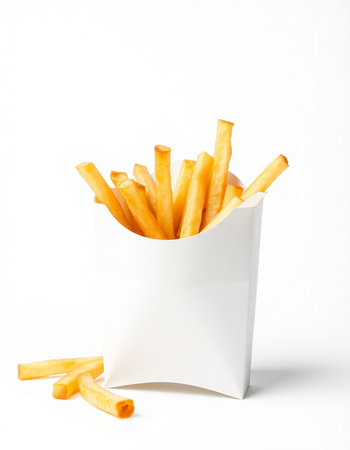 French fries in a paper box on a white background. Fast food.