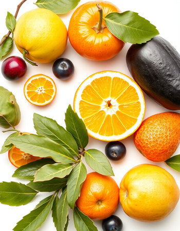 Fruits and vegetables isolated on a white background. Top view.の写真素材
