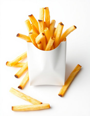 French fries in a white box on a white background, close-up