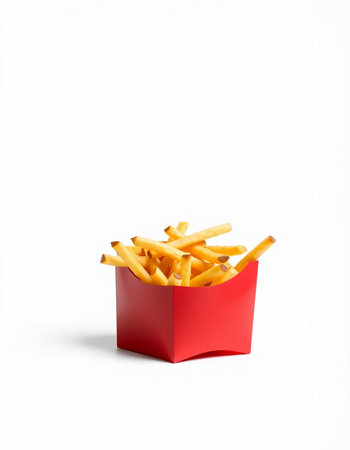 French fries in a red box isolated on white background, clipping path includedの写真素材