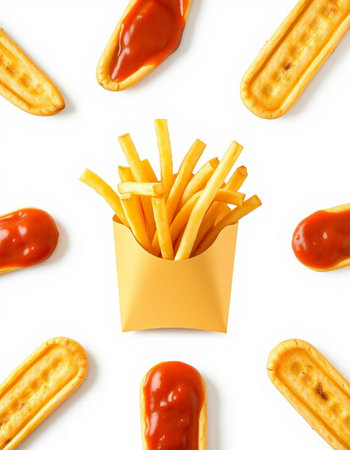 French fries with ketchup in paper box on white background, top viewの写真素材