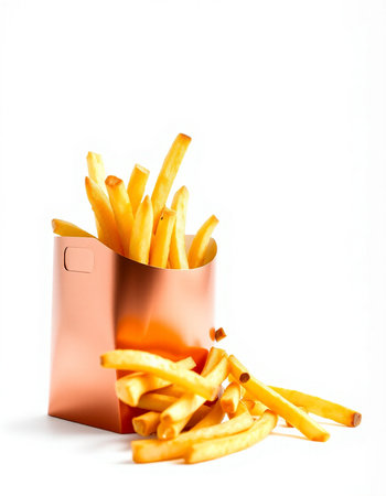Golden French fries in a paper bag isolated on a white background.