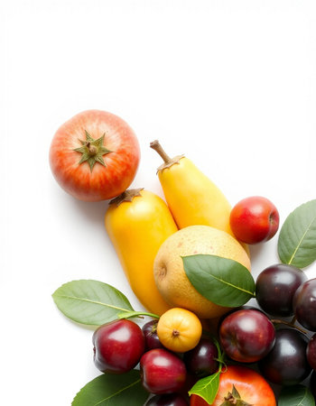 Fruits and vegetables isolated on a white background. Top view.