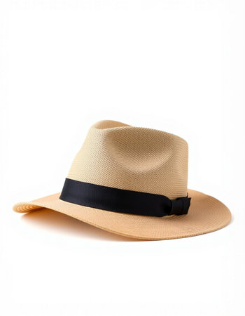 Beach hat isolated on white background. Straw hat with black ribbon.の写真素材