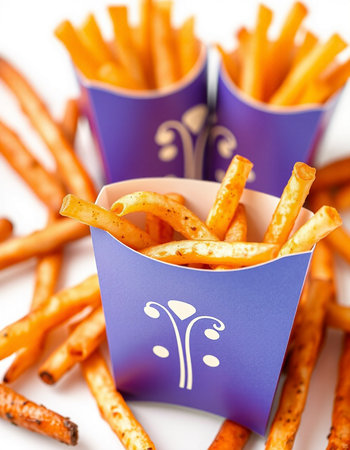 French fries in paper cups on a white background. Selective focus.