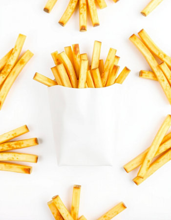 French fries in a white paper bag on a white background, top viewの写真素材