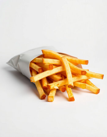 French fries in a paper bag on a white background. Selective focus.