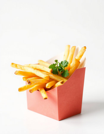 French fries in a box on a white background. Fast food.の写真素材