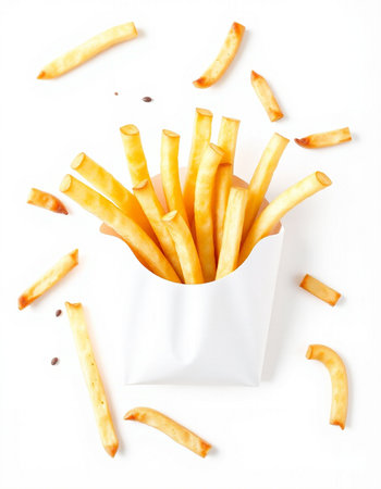 French fries isolated on white background. Top view. Flat lay.