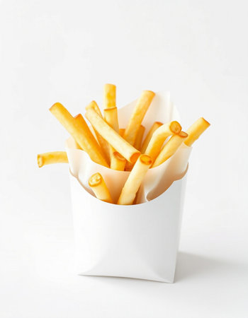 French fries in a white paper box on a white background, isolated