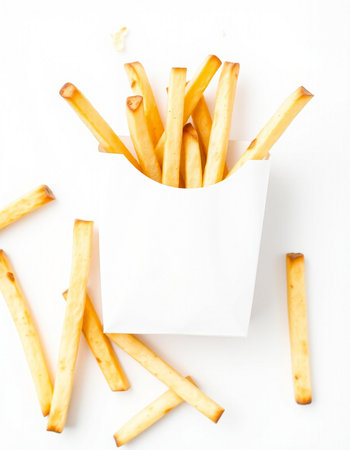 French fries with white blank paper on white background. Top view.
