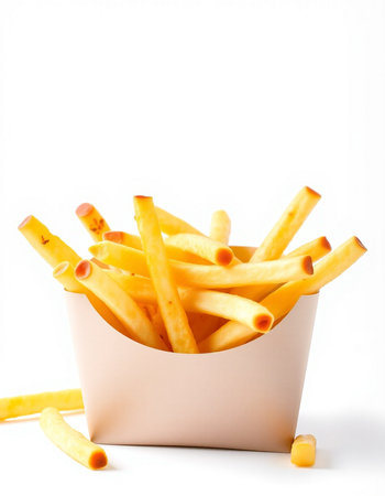 French fries in paper box isolated on white background. Selective focus.