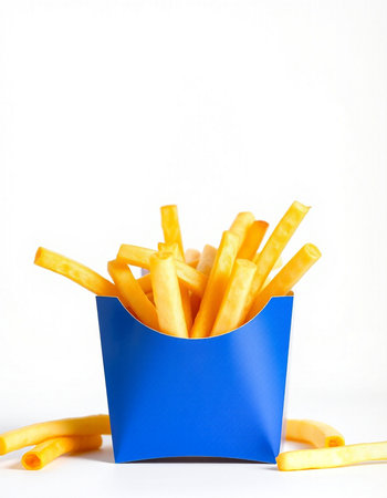 French fries in a blue box on a white background close-upの写真素材