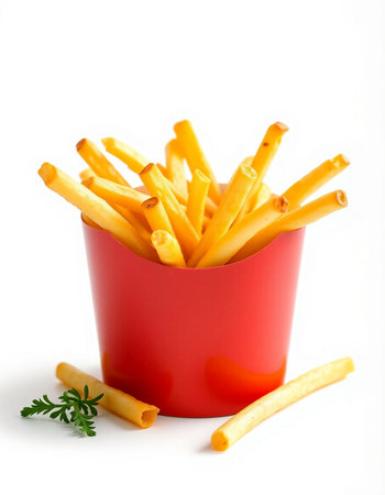 French fries in a red bowl on a white background. Isolatedの写真素材