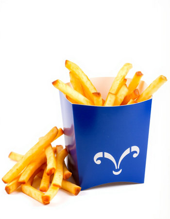 French fries in a blue box on a white background. Isolatedの写真素材