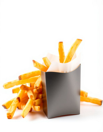 French fries in paper box isolated on white background with clipping path.の写真素材