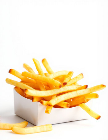 French fries in a white box on a white background. Selective focus.の写真素材