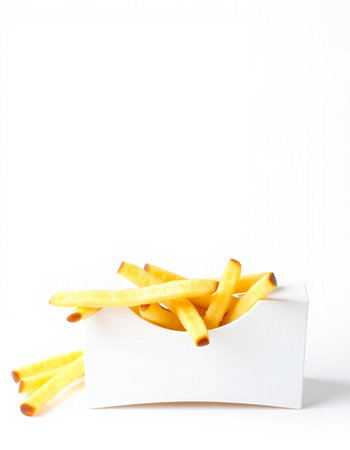 French fries in a white box on a white background. Isolatedの写真素材