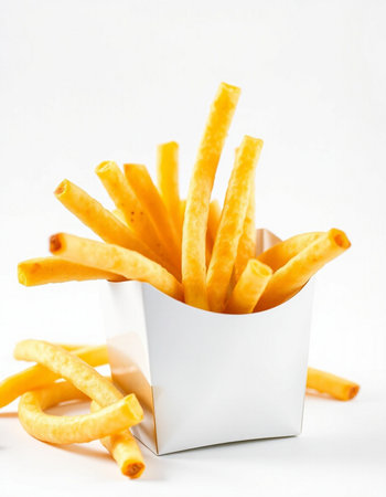 French fries in a paper box on a white background. Selective focus.